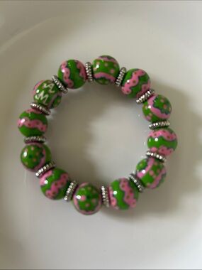 Angela Moore Hand-Painted Beaded Stretch Bracelet - Green & Pink